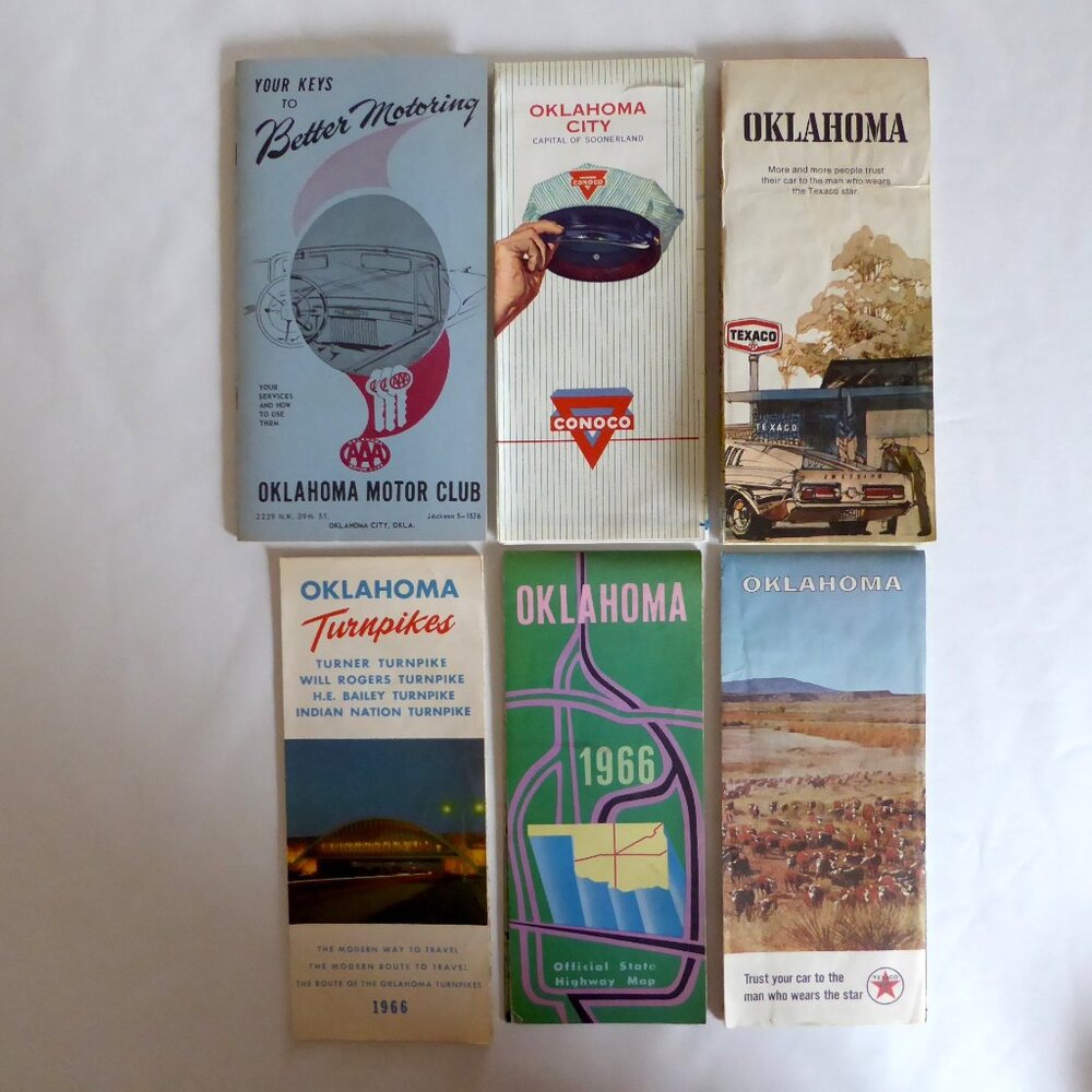 VINTAGE 1960-70’s OKLAHOMA TEXACO CONOCO AAA ROAD MAP EPHEMERA LOT OF 6